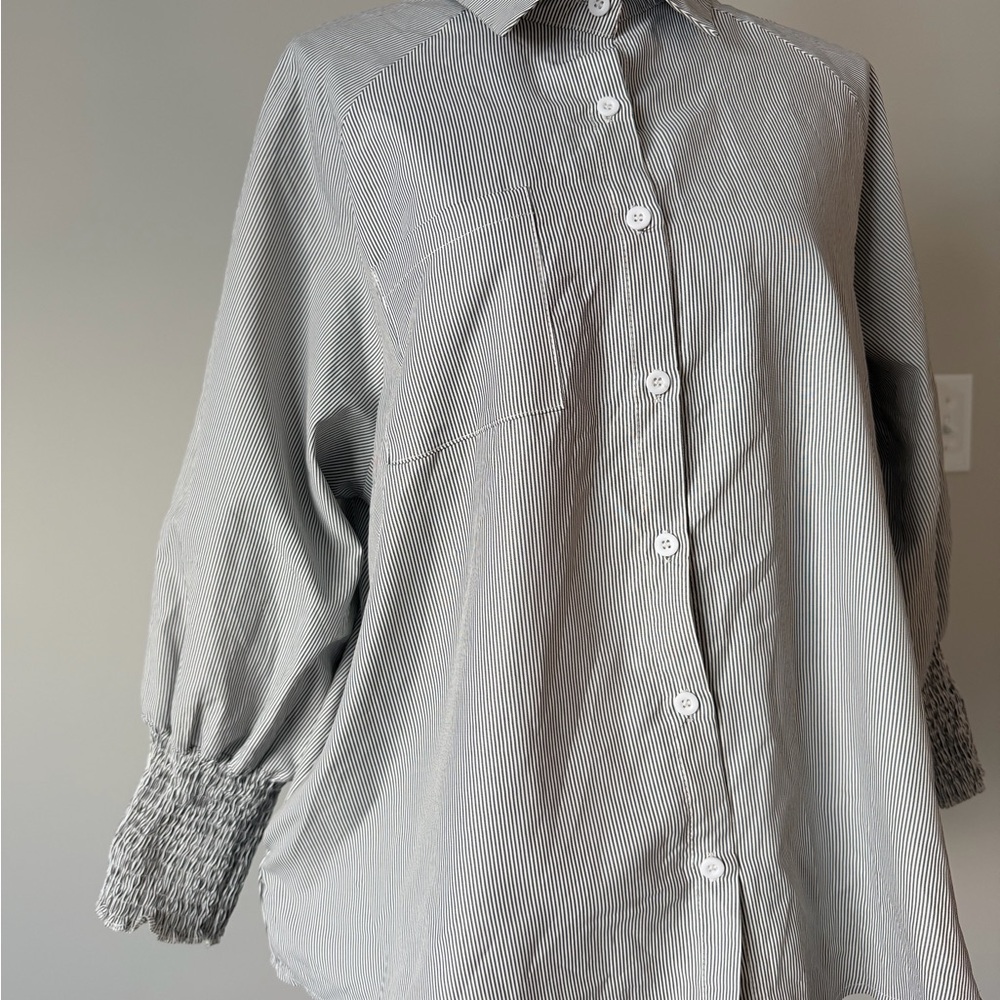 Striped Button-Up Shirt with Smocked Cuffs
